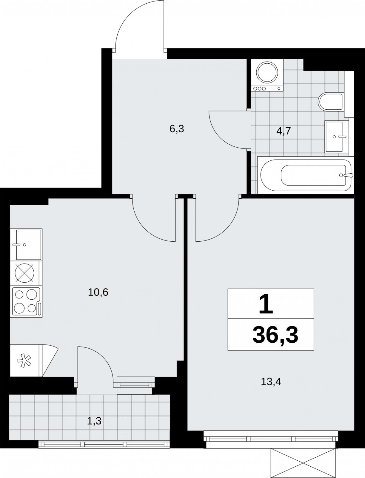 1-комнатная квартира без отделки, 36.3 м2, 6 этаж, сдача 2 квартал 2026 г., ЖК Бунинские кварталы, корпус 9.1 - объявление 2323969 - фото №1