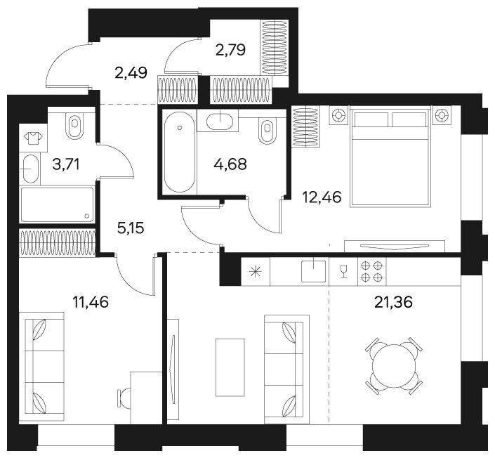 2-комнатная квартира без отделки, 64.1 м2, 3 этаж, сдача 4 квартал 2024 г., ЖК FØRST, корпус 1 - объявление 1942341 - фото №1