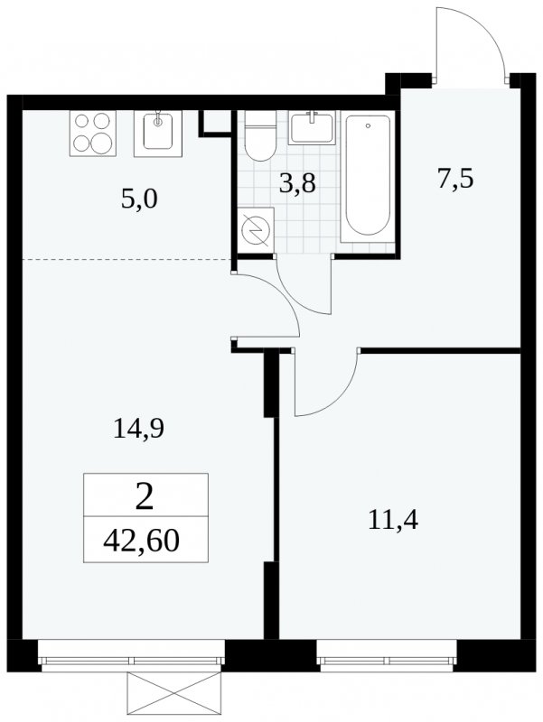 2-комнатная квартира (евро) без отделки, 42.6 м2, 2 этаж, сдача 1 квартал 2025 г., ЖК Прокшино, корпус 5.1.3 - объявление 1810862 - фото №1