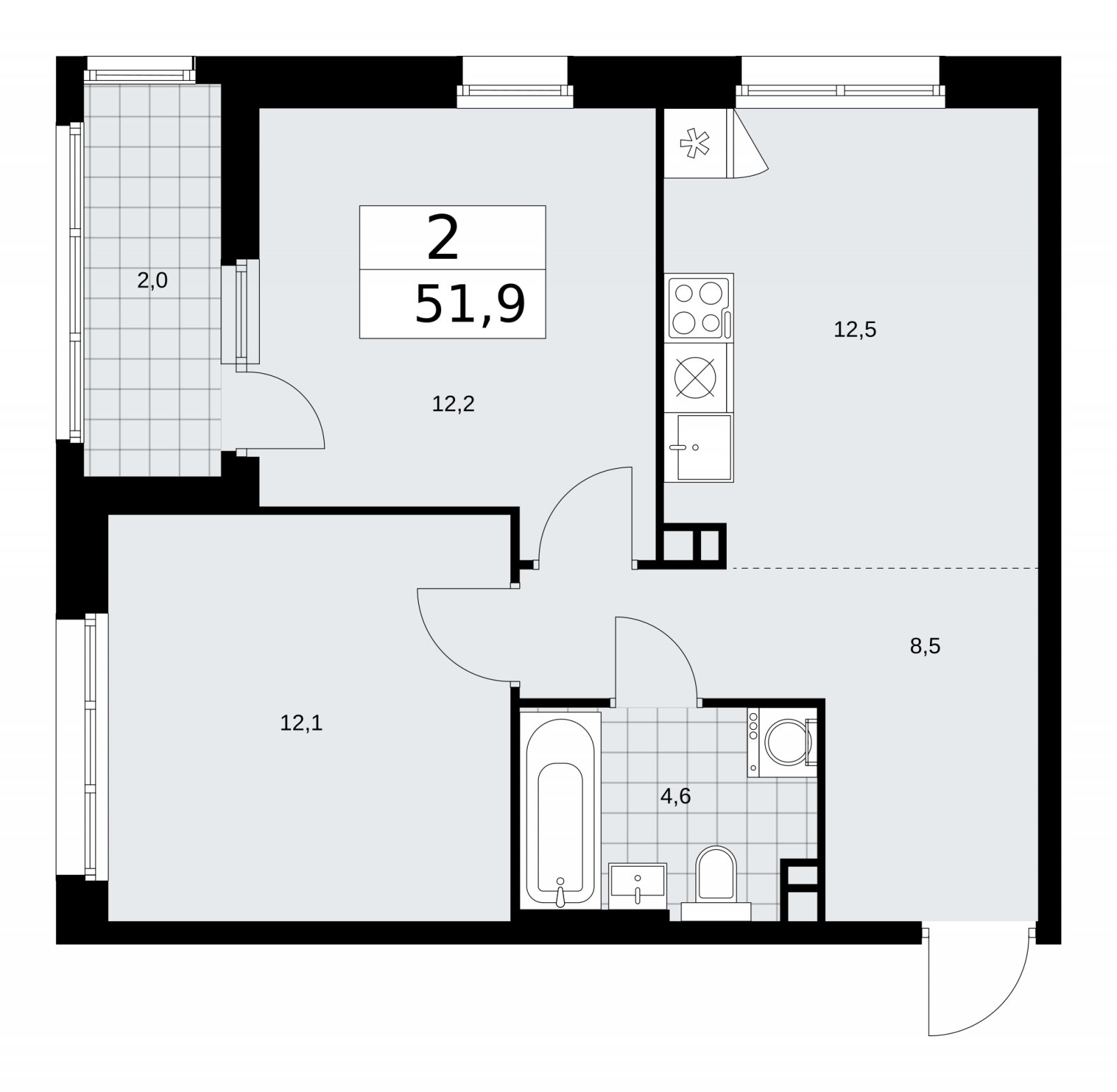 2-комнатная квартира с частичной отделкой, 51.9 м2, 3 этаж, сдача 2 квартал 2026 г., ЖК Дзен-кварталы, корпус 4.1 - объявление 2251437 - фото №1
