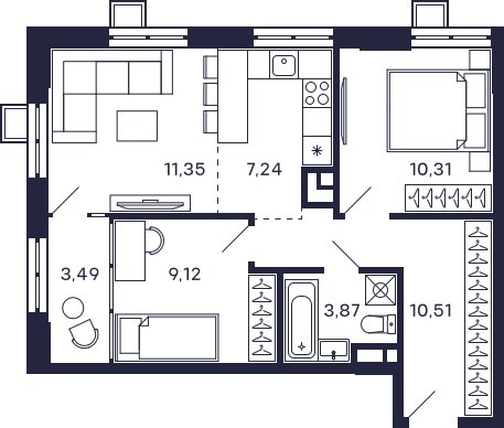 2-комнатная квартира с частичной отделкой, 54.33 м2, 11 этаж, сдача 2 квартал 2025 г., ЖК Квартал Тетрис, корпус "Квартал Тетрис 2.2" - объявление 2376870 - фото №1