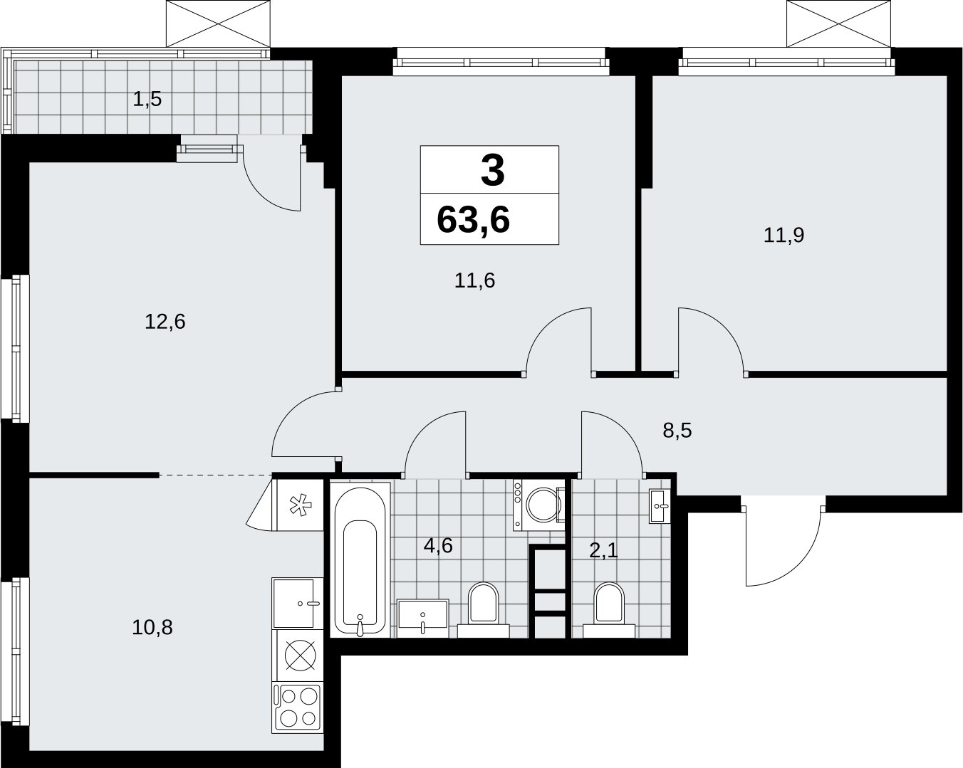 3-комнатная квартира без отделки, 63.6 м2, 3 этаж, сдача 4 квартал 2026 г., ЖК Скандинавия, корпус 2.18.2.4 - объявление 2351485 - фото №1
