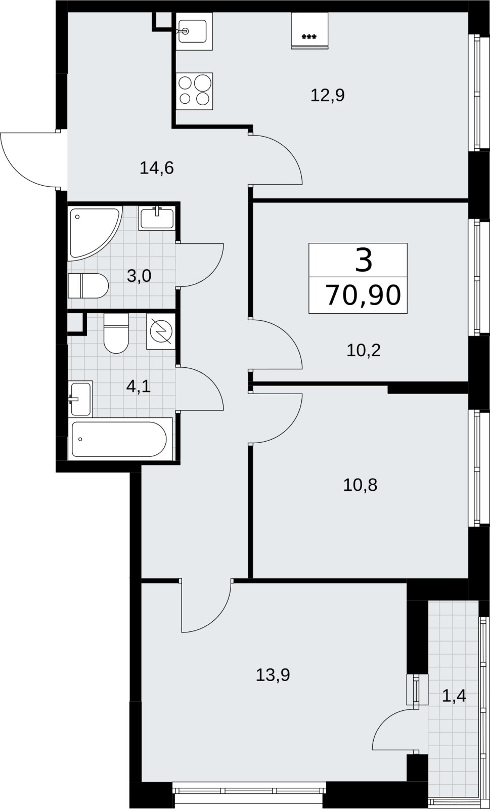 3-комнатная квартира с полной отделкой, 70.9 м2, 2 этаж, сдача 4 квартал 2026 г., ЖК Родные кварталы, корпус 3.3 - объявление 2378542 - фото №1