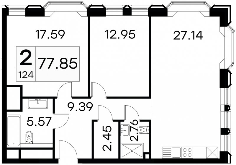 2-комнатные апартаменты с частичной отделкой, 77.85 м2, 11 этаж, сдача 3 квартал 2024 г., ЖК GloraX Aura Белорусская, корпус 1 - объявление 1708605 - фото №1