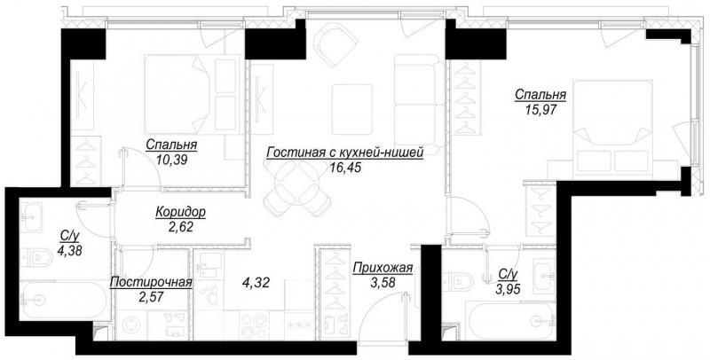 2-комнатная квартира с частичной отделкой, 64.2 м2, 3 этаж, сдача 1 квартал 2023 г., ЖК Hide, корпус RiverSide - объявление 1707086 - фото №1
