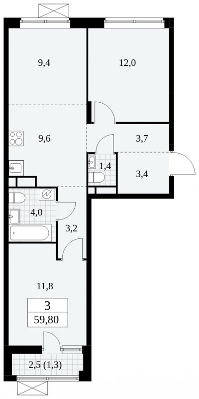 3-комнатная квартира (евро) с частичной отделкой, 59.8 м2, 5 этаж, сдача 2 квартал 2025 г., ЖК Прокшино, корпус 5.1.2 - объявление 1860146 - фото №1