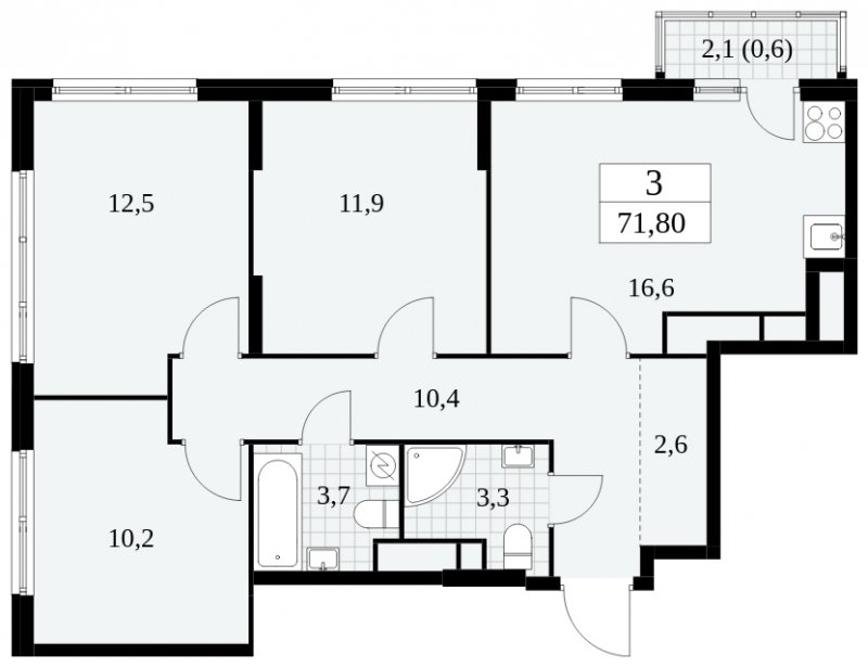 3-комнатная квартира без отделки, 71.8 м2, 25 этаж, сдача 2 квартал 2025 г., ЖК Южные сады, корпус 2.3 - объявление 1758402 - фото №1