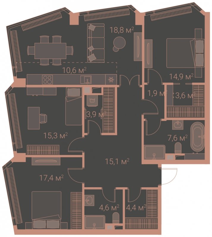 3-комнатная квартира без отделки, 118.1 м2, 16 этаж, сдача 1 квартал 2025 г., ЖК HIGH LIFE, корпус Soul Tower - объявление 1767807 - фото №1