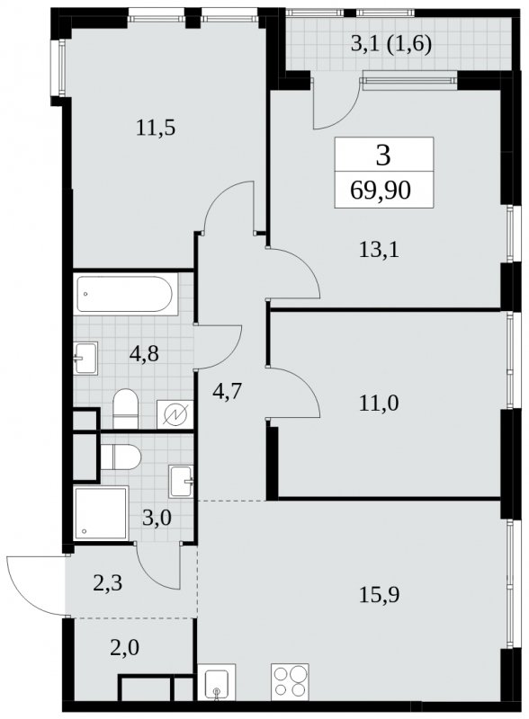 3-комнатная квартира с частичной отделкой, 70 м2, 17 этаж, сдача 2 квартал 2025 г., ЖК Южные сады, корпус 2.2 - объявление 1757582 - фото №1