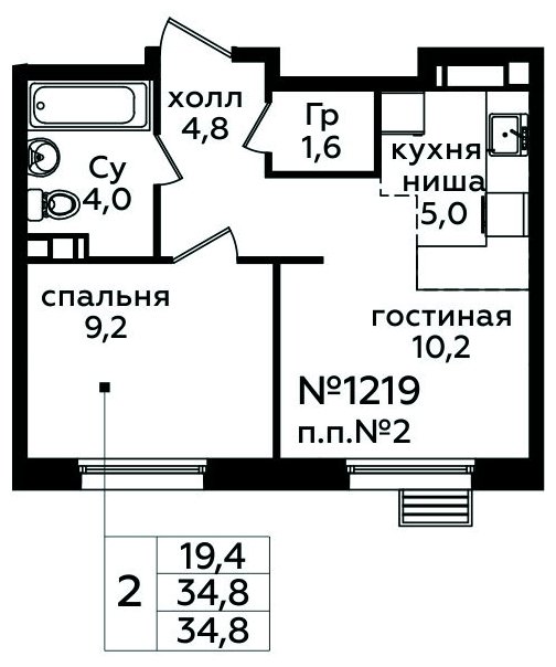2-комнатная квартира с полной отделкой, 34.8 м2, 8 этаж, сдача 1 квартал 2025 г., ЖК Эко Бунино, корпус Я-10-11 - объявление 1849642 - фото №1