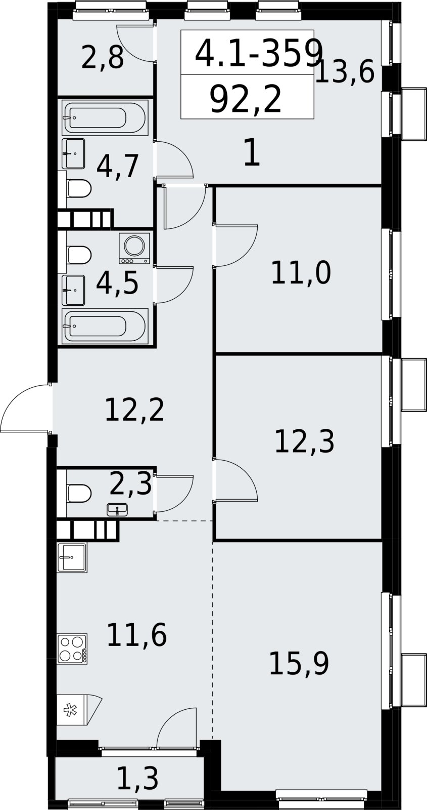 4-комнатная квартира (евро) с полной отделкой, 92.2 м2, 20 этаж, сдача 2 квартал 2027 г., ЖК Южные сады, корпус 4.1.2 - объявление 2392867 - фото №1