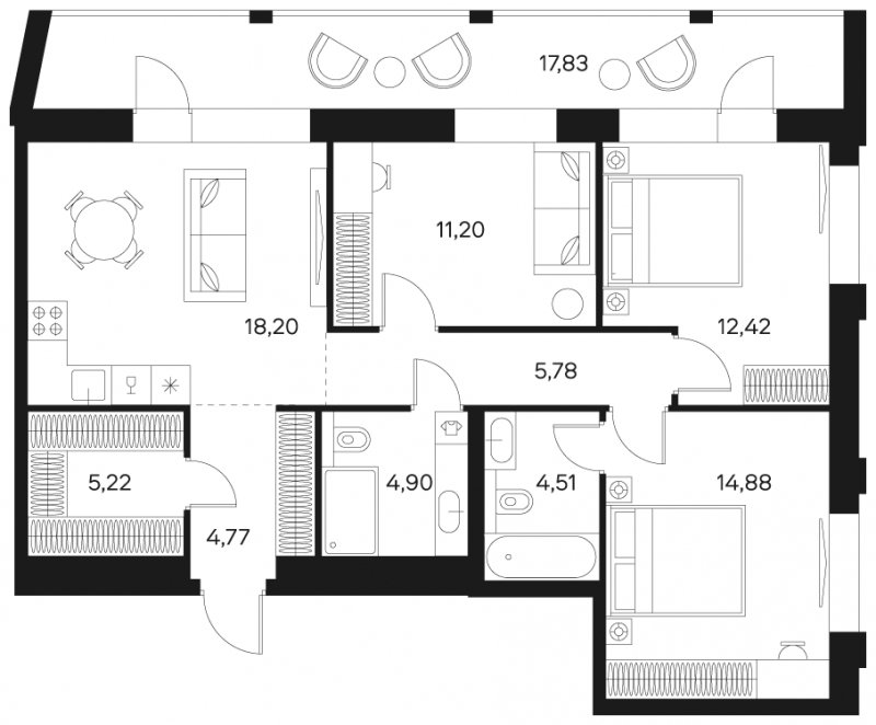 3-комнатная квартира без отделки, 90.8 м2, 5 этаж, сдача 4 квартал 2024 г., ЖК FØRST, корпус 1 - объявление 1942355 - фото №1