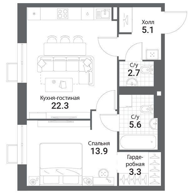 1-комнатная квартира без отделки, 52.9 м2, 5 этаж, сдача 1 квартал 2023 г., ЖК Nagatino i-Land, корпус В - объявление 1762396 - фото №1