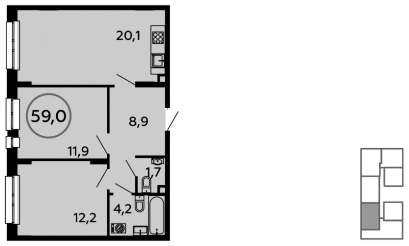 2-комнатная квартира без отделки, 59 м2, 2 этаж, дом сдан, ЖК Скандинавия, корпус 5.3 - объявление 974560 - фото №1