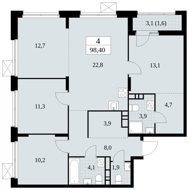 4-комнатная квартира без отделки, 98.2 м2, 6 этаж, сдача 4 квартал 2024 г., ЖК Скандинавия, корпус 2.27.5 - объявление 1840803 - фото №1