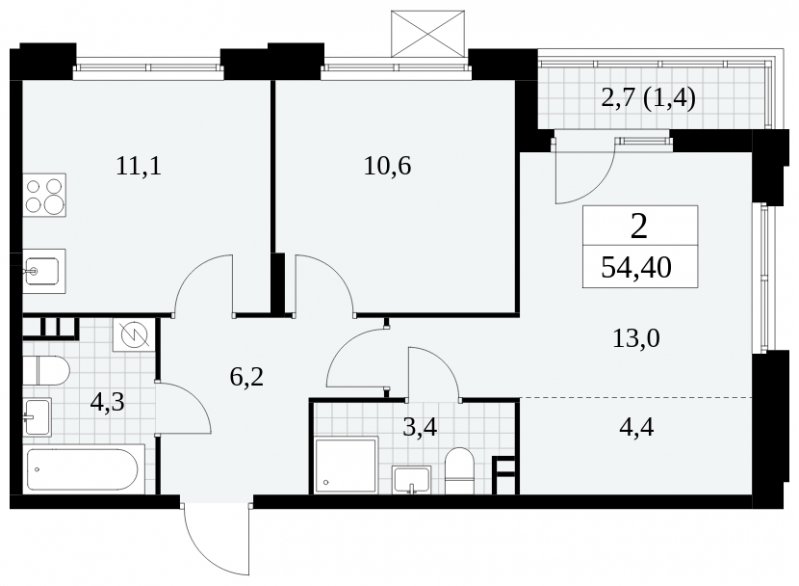 2-комнатная квартира с полной отделкой, 54.4 м2, 3 этаж, сдача 2 квартал 2025 г., ЖК Скандинавия, корпус 2.27.4 - объявление 1840666 - фото №1
