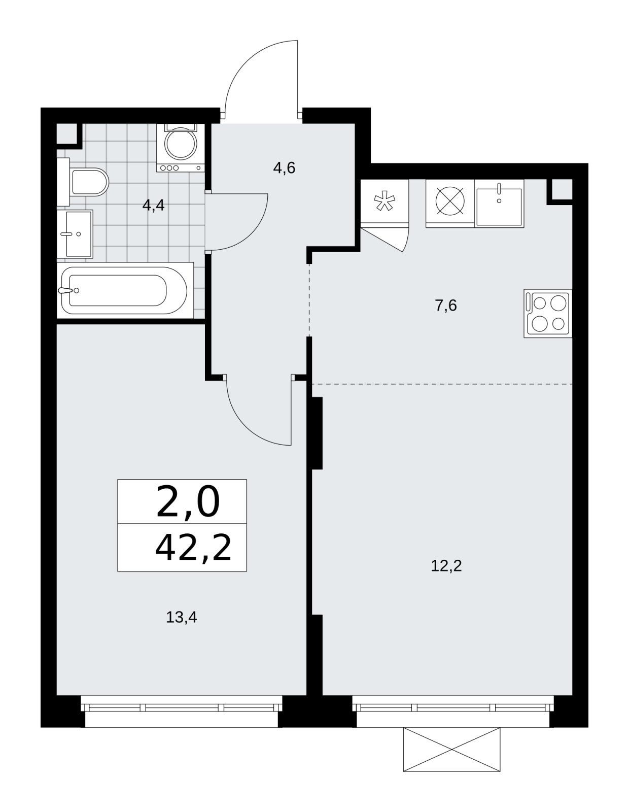 2-комнатная квартира (евро) с частичной отделкой, 42.2 м2, 2 этаж, сдача 2 квартал 2026 г., ЖК Прокшино, корпус 10.1.4 - объявление 2227347 - фото №1