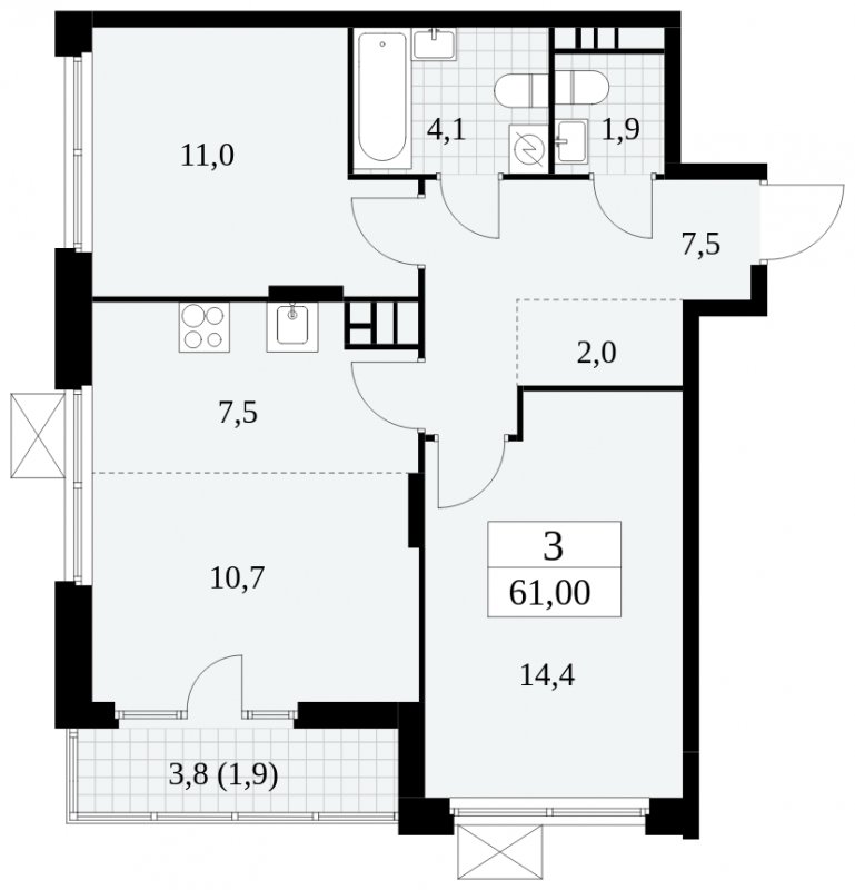 3-комнатная квартира (евро) без отделки, 61 м2, 6 этаж, сдача 1 квартал 2025 г., ЖК Скандинавия, корпус 2.27.2 - объявление 1840355 - фото №1