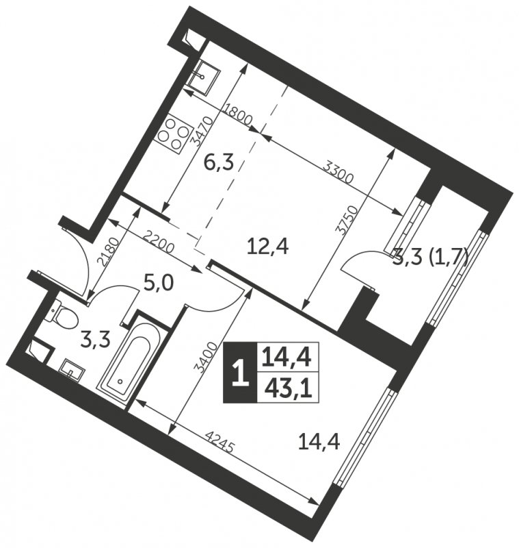 1-комнатная квартира с частичной отделкой, 43.1 м2, 10 этаж, сдача 4 квартал 2023 г., ЖК Архитектор, корпус 1 - объявление 1938390 - фото №1