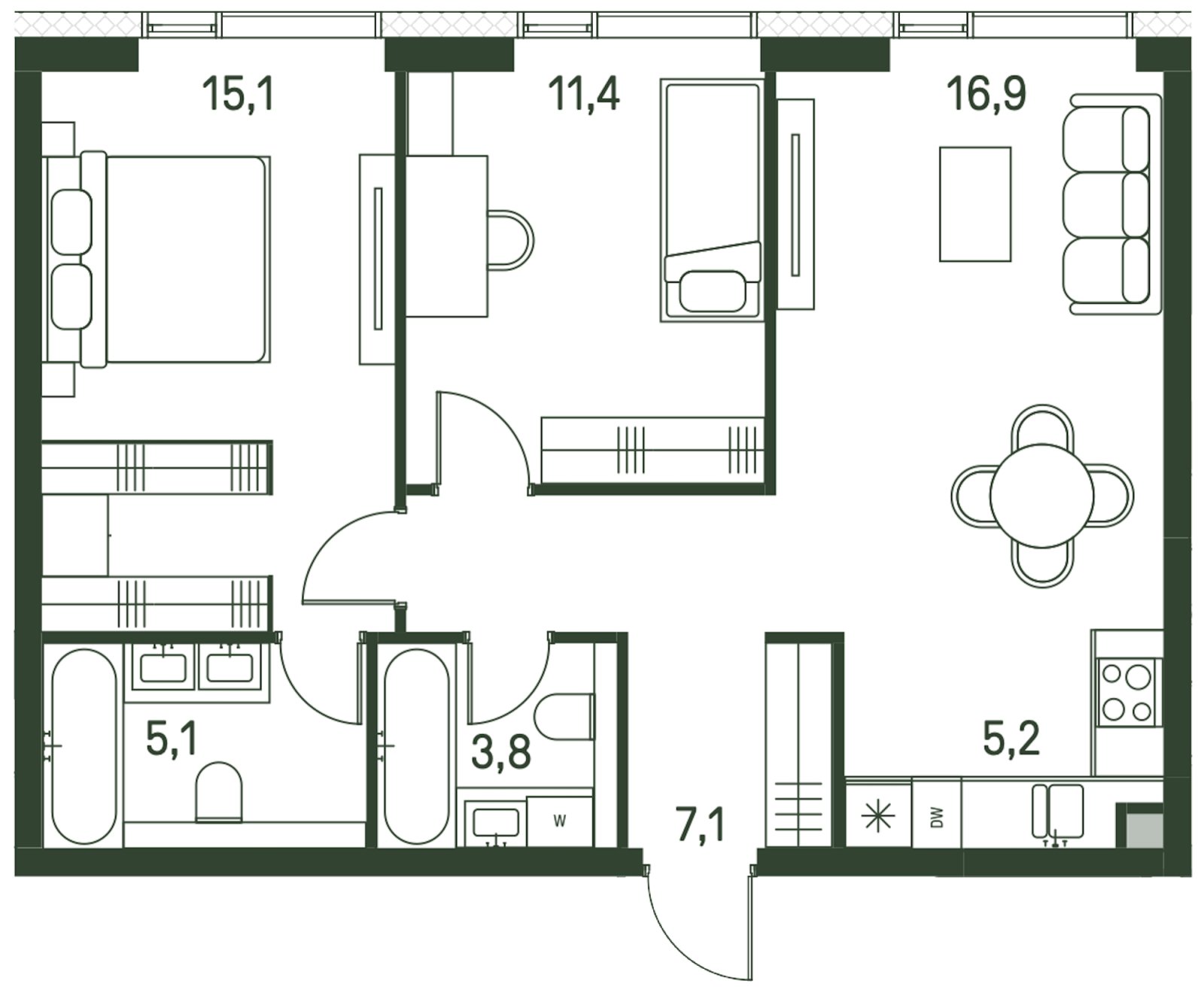 3-комнатная квартира (евро) с частичной отделкой, 64.6 м2, 18 этаж, сдача 1 квартал 2027 г., ЖК Moments, корпус 2.1 - объявление 2275562 - фото №1