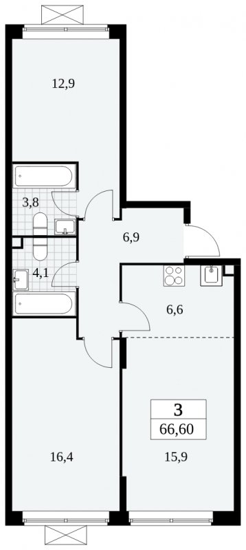 3-комнатная квартира (евро) без отделки, 66.6 м2, 2 этаж, сдача 3 квартал 2024 г., ЖК Прокшино, корпус 8.4 - объявление 1684046 - фото №1
