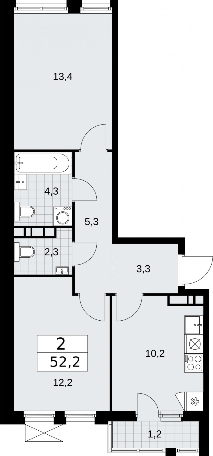 2-комнатная квартира с частичной отделкой, 52.2 м2, 7 этаж, сдача 2 квартал 2026 г., ЖК Бунинские кварталы, корпус 5.1 - объявление 2296929 - фото №1