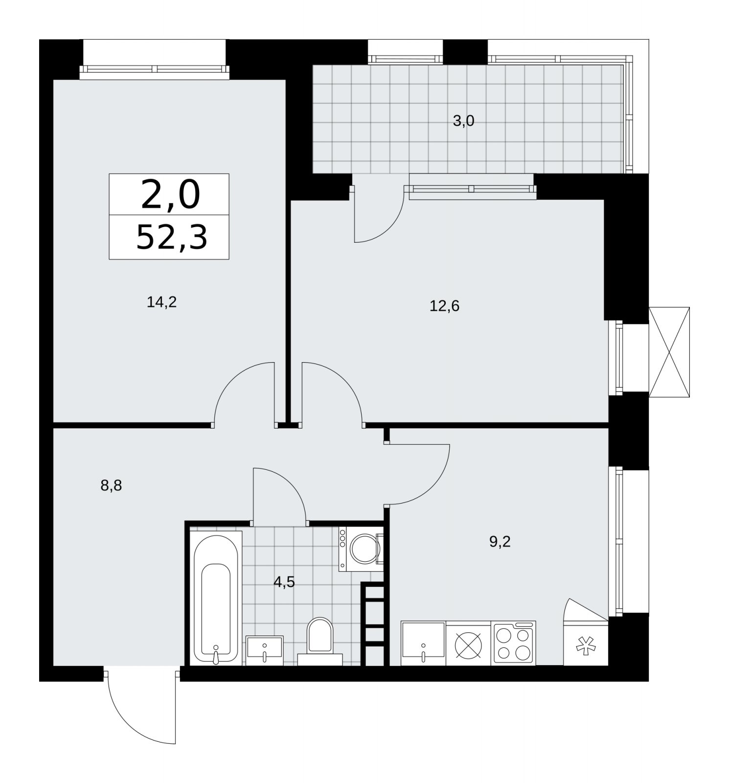 2-комнатная квартира с частичной отделкой, 52.3 м2, 8 этаж, сдача 1 квартал 2026 г., ЖК Бунинские кварталы, корпус 6.1 - объявление 2252413 - фото №1