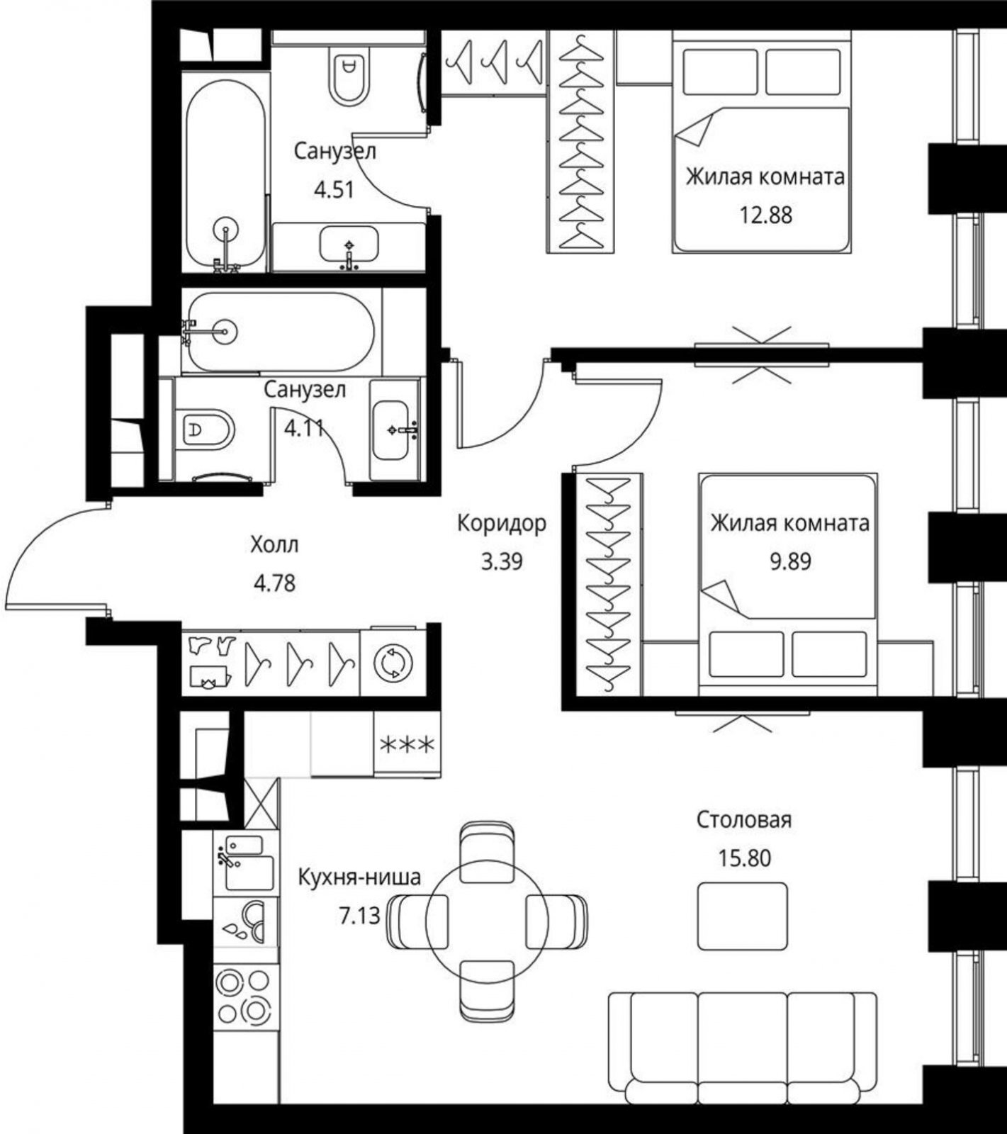 2-комнатная квартира с частичной отделкой, 62.49 м2, 10 этаж, сдача 3 квартал 2026 г., ЖК City Bay, корпус North Ocean 2 - объявление 2240542 - фото №1