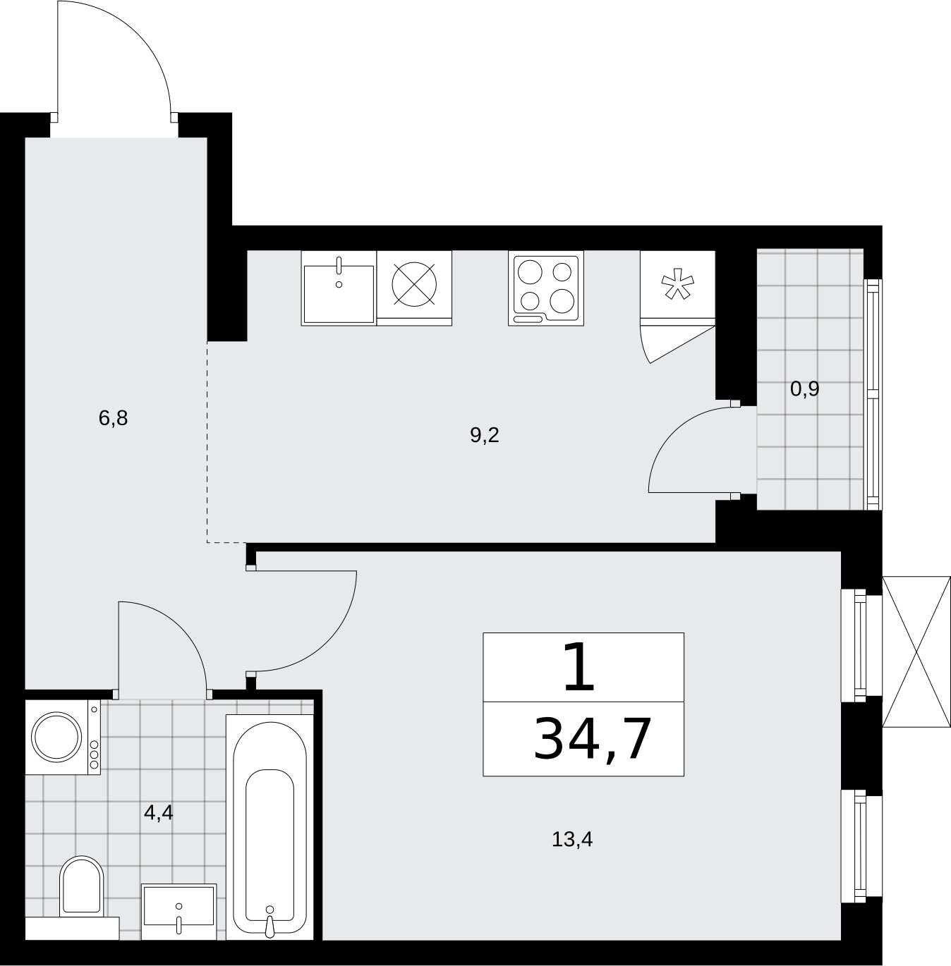 1-комнатная квартира без отделки, 34.7 м2, 3 этаж, сдача 2 квартал 2026 г., ЖК Бунинские кварталы, корпус 7.3 - объявление 2313839 - фото №1