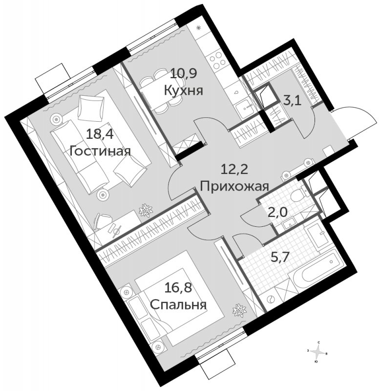2-комнатная квартира с частичной отделкой, 69.1 м2, 3 этаж, сдача 3 квартал 2023 г., ЖК UP-квартал Римский, корпус 7 - объявление 1496384 - фото №1