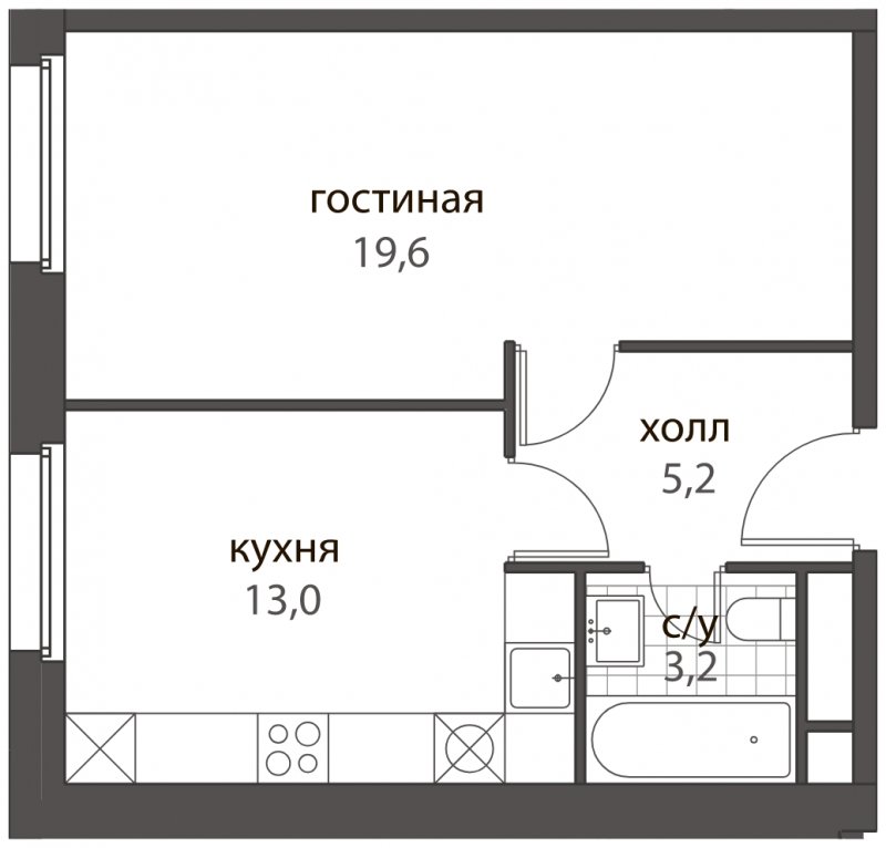1-комнатная квартира без отделки, 41 м2, 7 этаж, дом сдан, ЖК HomeCity, корпус 3 - объявление 1528334 - фото №1