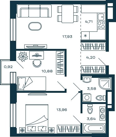 2-комнатная квартира без отделки, 59.18 м2, 7 этаж, сдача 3 квартал 2025 г., ЖК М_5, корпус 2 - объявление 2090595 - фото №1