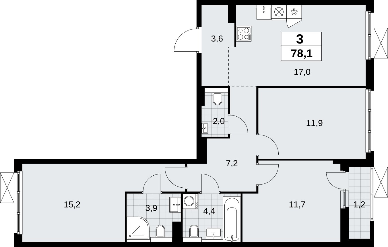 3-комнатная квартира без отделки, 78.1 м2, 4 этаж, сдача 2 квартал 2026 г., ЖК Бунинские кварталы, корпус 9.1 - объявление 2323907 - фото №1