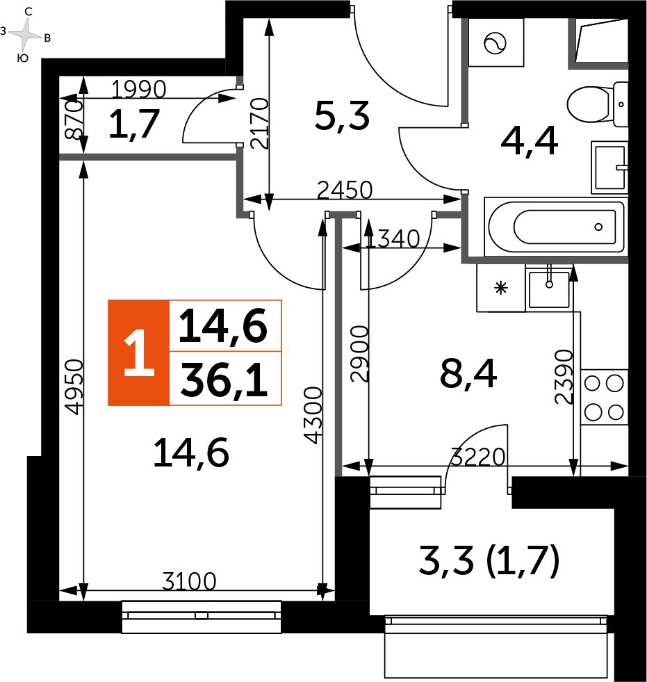 1-комнатная квартира с частичной отделкой, 36.3 м2, 1 этаж, дом сдан, ЖК UP-квартал Римский, корпус 7 - объявление 2353899 - фото №1