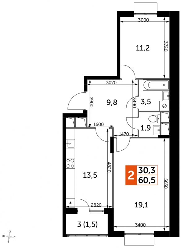 2-комнатная квартира с частичной отделкой, 60.5 м2, 13 этаж, сдача 3 квартал 2023 г., ЖК UP-квартал Римский, корпус 7 - объявление 1710711 - фото №1