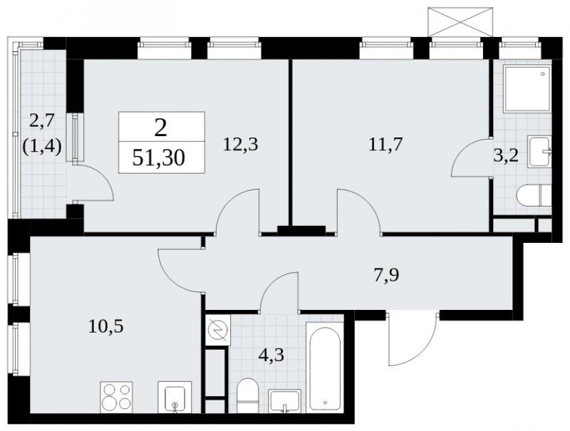 2-комнатная квартира без отделки, 51.3 м2, 6 этаж, сдача 1 квартал 2025 г., ЖК Прокшино, корпус 5.1.3 - объявление 1810522 - фото №1
