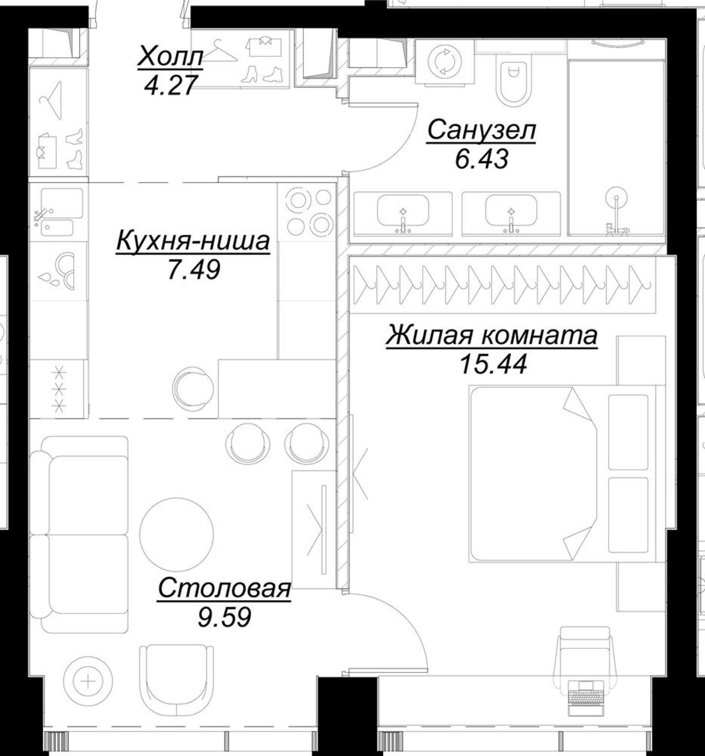 1-комнатная квартира с частичной отделкой, 43.53 м2, 21 этаж, сдача 4 квартал 2024 г., ЖК MOD, корпус Mann - объявление 2191483 - фото №1