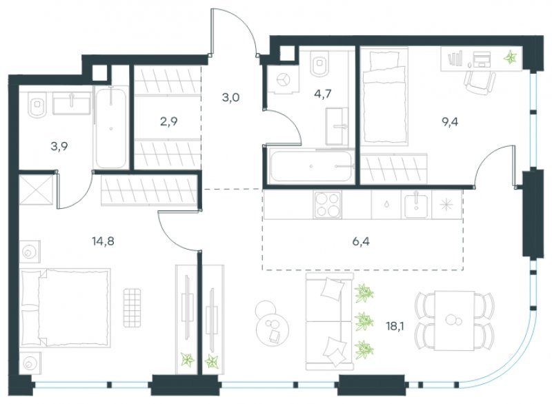 3-комнатная квартира (евро) без отделки, 63.2 м2, 6 этаж, сдача 4 квартал 2024 г., ЖК Level Мичуринский, корпус 6 - объявление 1664122 - фото №1
