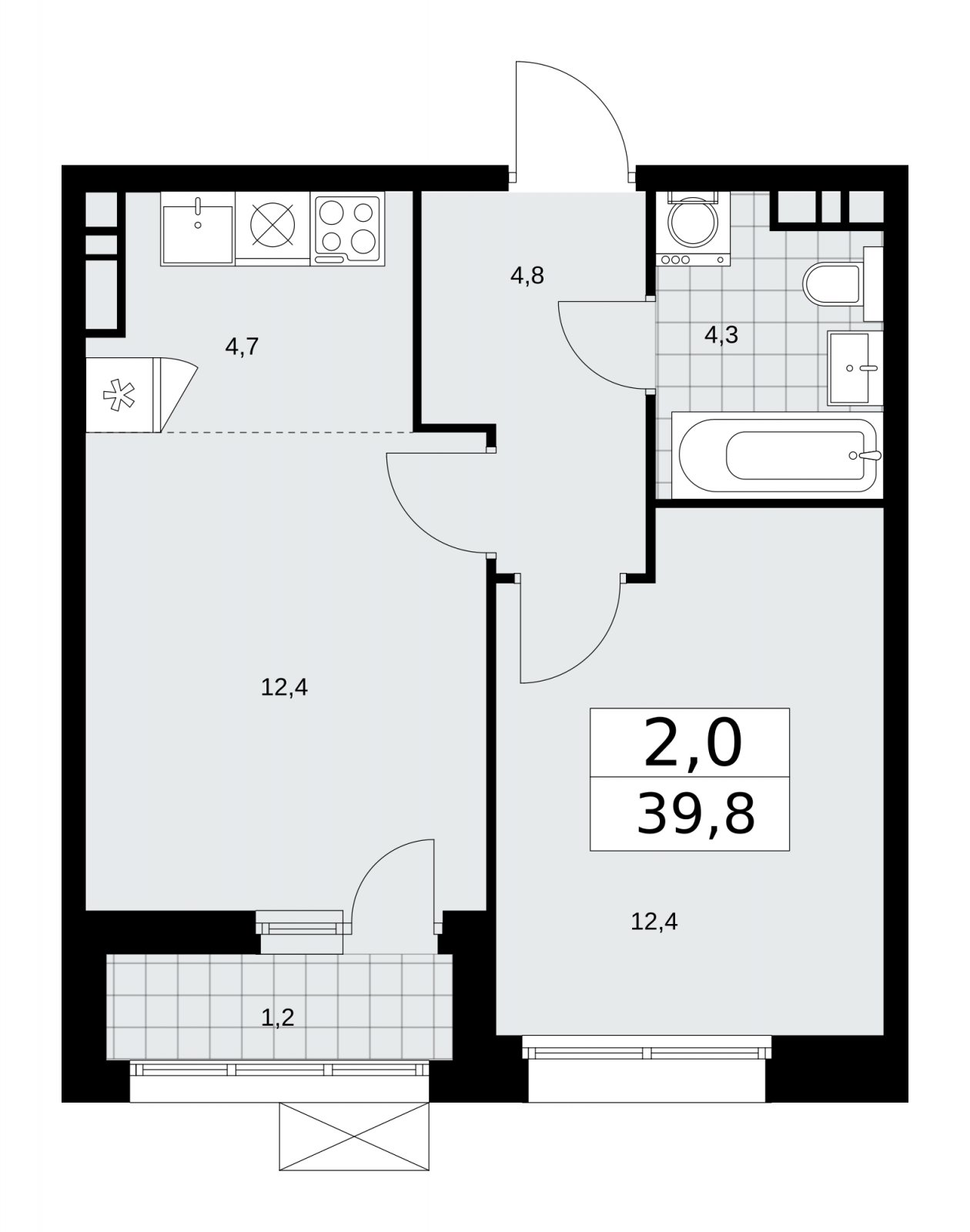 2-комнатная квартира (евро) с частичной отделкой, 39.8 м2, 6 этаж, сдача 1 квартал 2026 г., ЖК Бунинские кварталы, корпус 6.3 - объявление 2252663 - фото №1