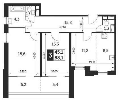 3-комнатная квартира (евро) с полной отделкой, 88.1 м2, 13 этаж, сдача 1 квартал 2022 г., ЖК Рихард, корпус 1 - объявление 1155919 - фото №1