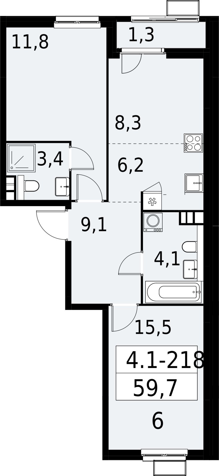 3-комнатная квартира (евро) с полной отделкой, 59.7 м2, 4 этаж, сдача 2 квартал 2027 г., ЖК Южные сады, корпус 4.1.2 - объявление 2392738 - фото №1