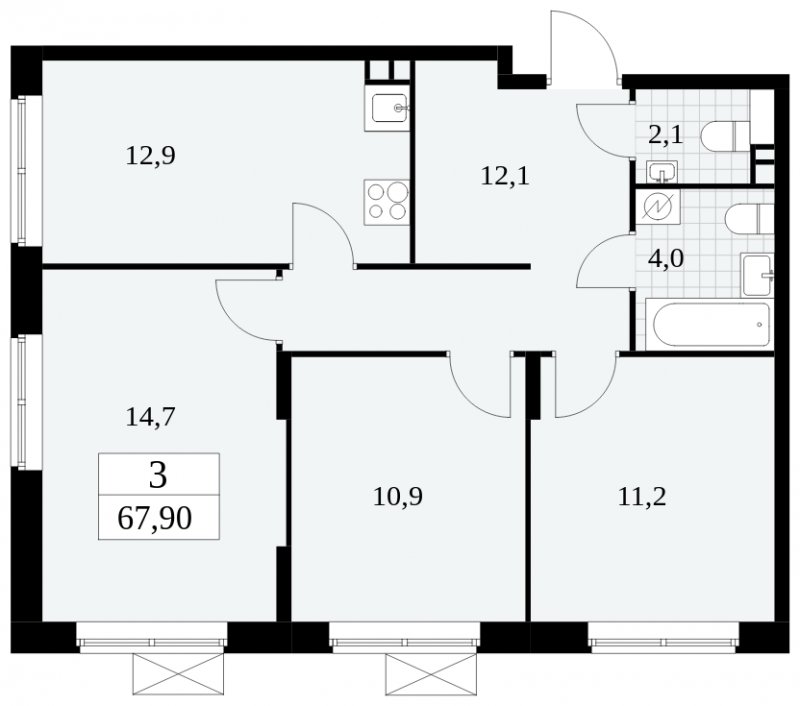 3-комнатная квартира с частичной отделкой, 67.9 м2, 2 этаж, сдача 1 квартал 2025 г., ЖК Прокшино, корпус 5.2.2 - объявление 1751115 - фото №1