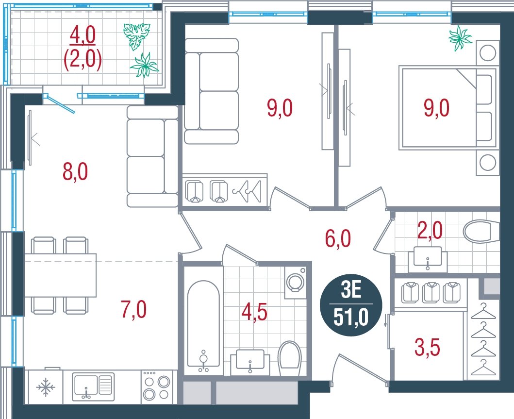 3-комнатная квартира без отделки, 51 м2, 13 этаж, дом сдан, ЖК РУСИЧ Новые Котельники, корпус 4 - объявление 2433357 - фото №1