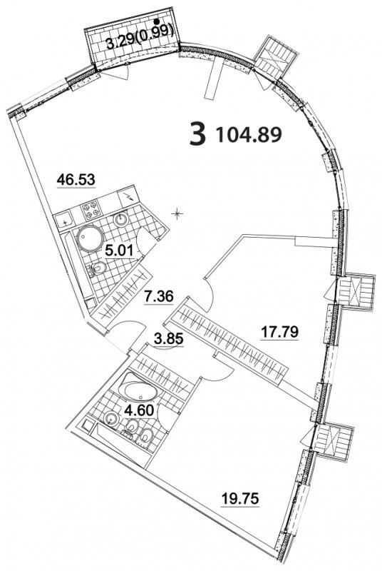 3-комнатная квартира без отделки, 104.89 м2, 13 этаж, дом сдан, ЖК Апарт-комплекс Nakhimov, корпус 3 - объявление 1330707 - фото №1