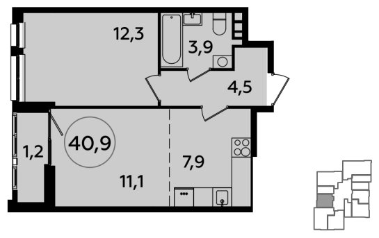 2-комнатная квартира (евро) без отделки, 40.9 м2, 14 этаж, сдача 1 квартал 2024 г., ЖК Южные сады, корпус 1.3 - объявление 1512348 - фото №1
