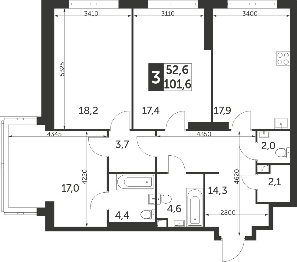 3-комнатная квартира с частичной отделкой, 101.6 м2, 9 этаж, дом сдан, ЖК Архитектор, корпус 1 - объявление 2287708 - фото №1