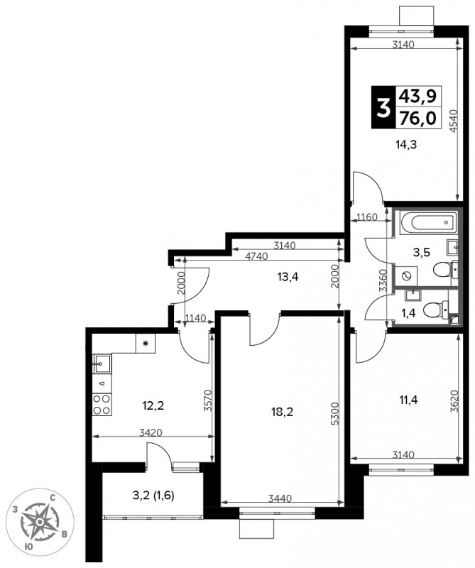 3-комнатная квартира с частичной отделкой, 76 м2, 20 этаж, сдача 3 квартал 2023 г., ЖК Южная Битца, корпус 11 - объявление 1670635 - фото №1