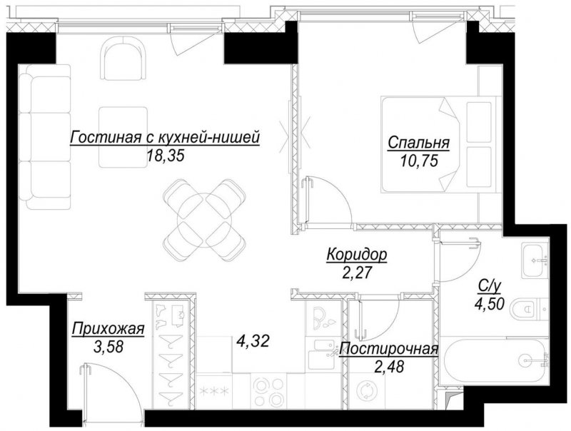 1-комнатная квартира с частичной отделкой, 46.3 м2, 14 этаж, сдача 1 квартал 2023 г., ЖК Hide, корпус RiverSide - объявление 1756845 - фото №1