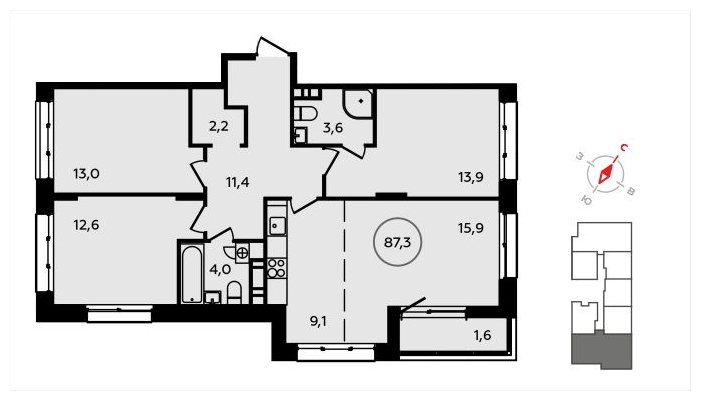 4-комнатная квартира (евро) с частичной отделкой, 87.3 м2, 7 этаж, сдача 3 квартал 2024 г., ЖК Скандинавия, корпус 2.22.3 - объявление 1625583 - фото №1