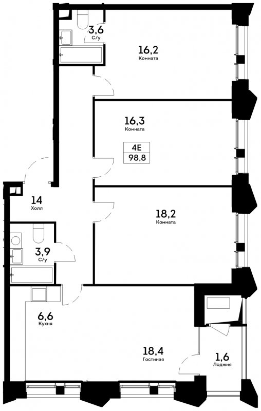 4-комнатная квартира 98.8 м2, 14 этаж, сдача 4 квартал 2022 г., ЖК Квартал на набережной NOW, корпус 1.2 - объявление 1856534 - фото №1